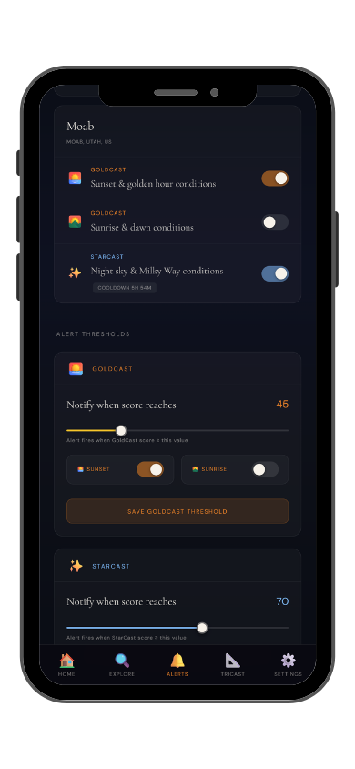 LightCast push notification alerts for golden hour